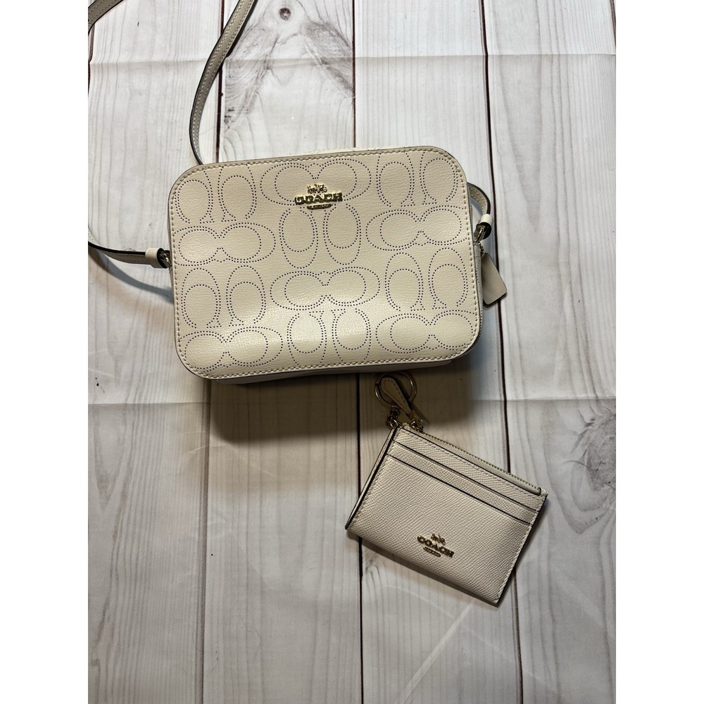 Coach Mini Camera Bag in Signature Perforated Leather White Gold Hardware Wallet